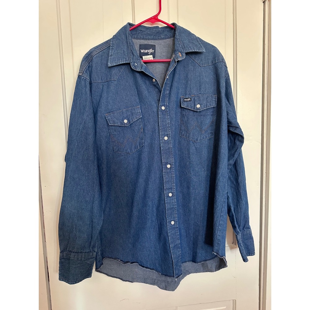 Vintage Wrangler Mens XL Western Denim Pearl Snap Shirt Indigo Blue Cowboy L/S